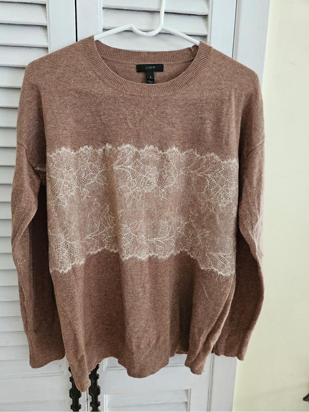 J. Crew Brown Crewneck Sweater with Cream Lace Band Detail